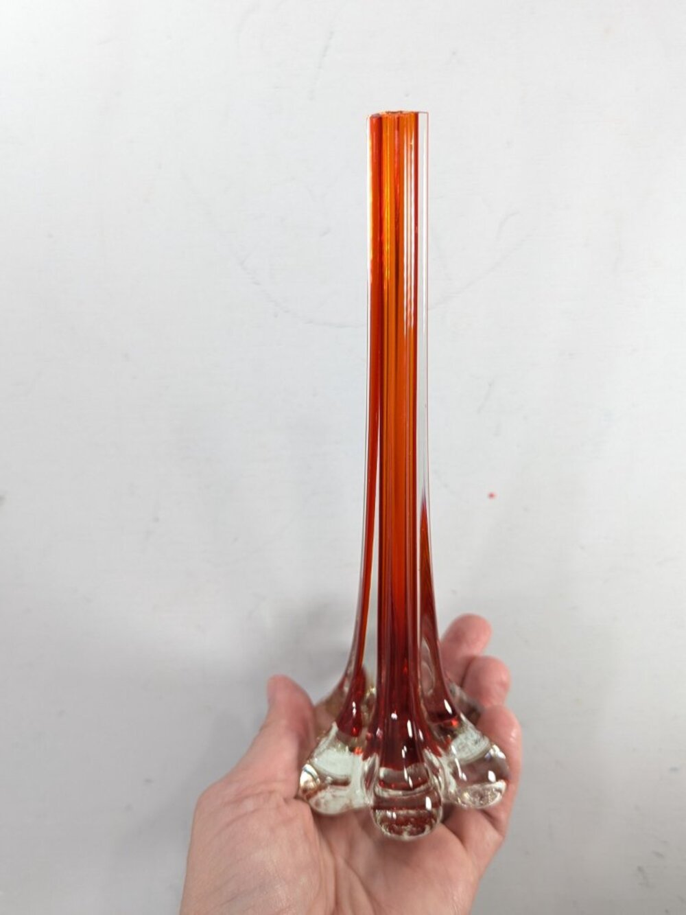 c1960s Red art glass vase 8", Crimson Red Elephant Foot bud vase, swung vase